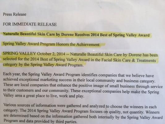 Naturallè Beautiful Skin Care by Dorene Receives 2014 Best of Spring Valley!