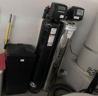 L to R. Salt reservoir, resin canister/softener, old home filtration system