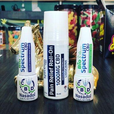 Nasal spray. Pain roll on.