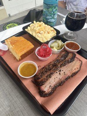 Brisket, Mac and cheese, and corn bread