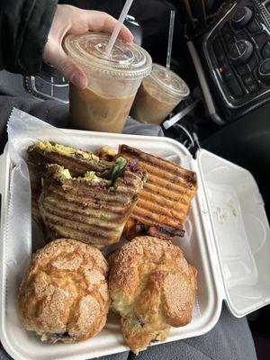 Bacon egg and cheese, muffins, cold brew