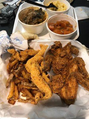 Greens, sweet potatoes, mac n cheese, catfish, fries, and wings