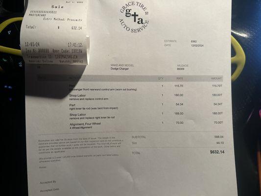 receipt from 2nd body shop of repairs that we're supposedly fixed but had not been completed