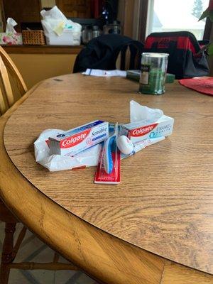 A goodie bag for my dental visit today. Always enjoy going to see my dentist. He does a great job and his staff too.