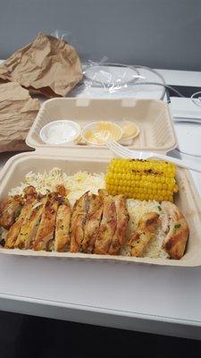 Grilled chicken rice bowl. A little dry overall but the sauces make up for it.