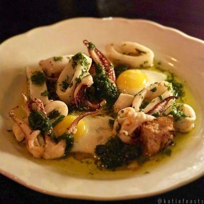 Squid with quail eggs & parsley