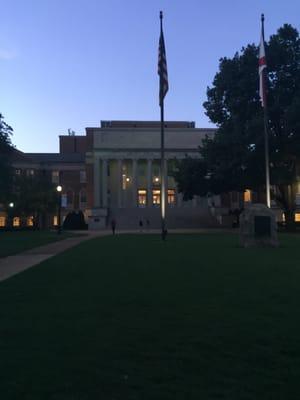 The front of Gorgas Library at dusk