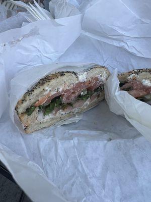 Everything bagel toasted with lox cream cheese, lox on top, lettuce, tomatoes, onions & capers. Omg so good!!!