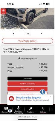 Screenshot of advertised price