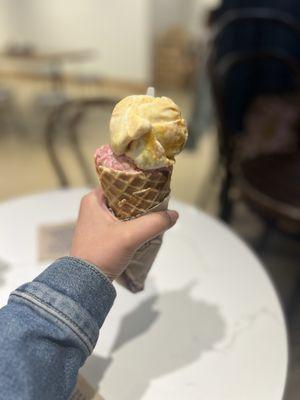 Sparkling Cherry Pie and Burnt Orange Dreamsicle in a Buttercrisp Waffle Cone