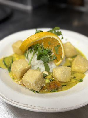 Chef's Coconut Curry w/ Tofu but also available with seafood (ono, scallops & shrimp) or chicken!