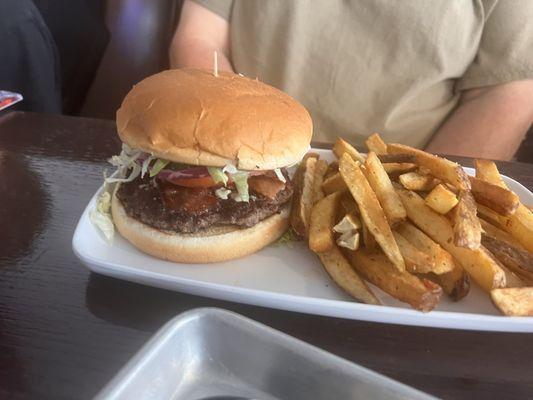 Bacon Blue Cheeseburger and fries.
