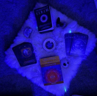 Pull a cosmic oracle card before you lie down -- choose from Sirian, Pleiadian, Sacred Geometry, or Color Therapy decks.