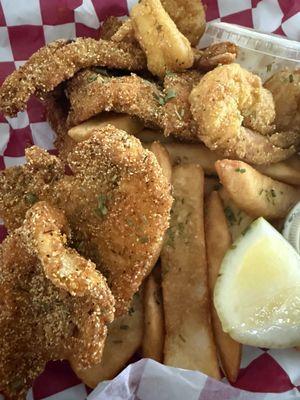 Fried catfish prawns and fries