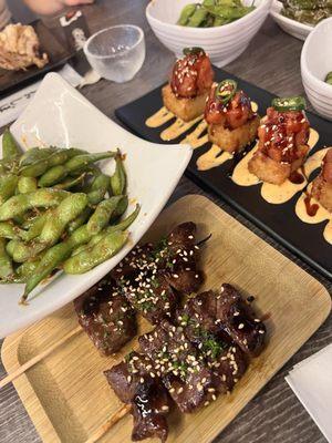 Crispy Rice, beef tongue, and edamame