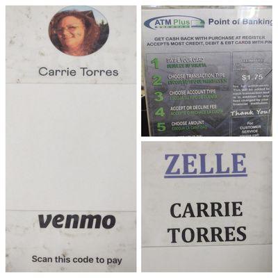 We accept ZELLE at no fee, VENMO at no fee, and have ATM Plus for your convenience with a service fee