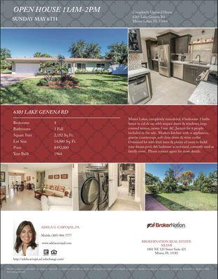 Open House Sunday May 6 11am-2pm House for sale 6301 Lake Geneva Rd, Miami Lakes