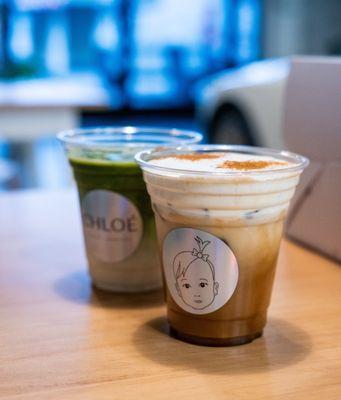 Pumpkin latte and matcha latte