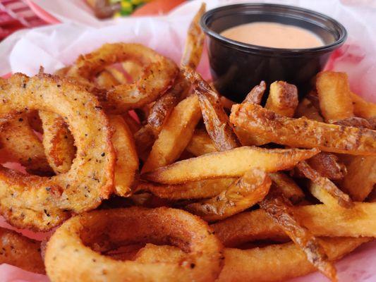 Half and half onion rings and fries