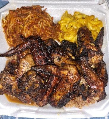 6 wing jerk dinner with turkey spaghetti and Mac n cheese