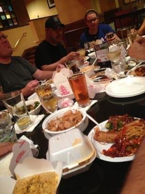 Crew of Chefs having a delicious dinner with late night delivery to our hotel. Great night cap.