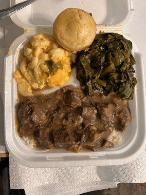 Beef Tips and Rice, Greens, and Mac and Cheese