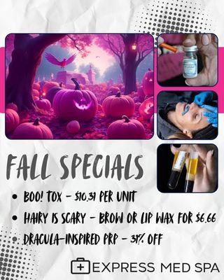Fall into rejuvenation in Frankfort with Boo!Tox wrinkle care, PRP therapy, and brow waxing specials. Treat yourself this season!