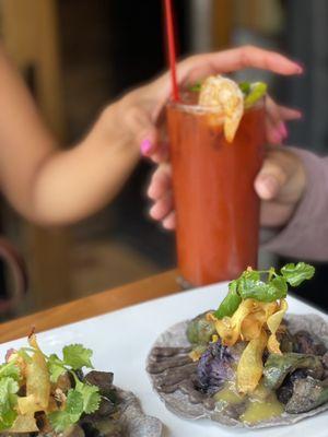 Vegan tacos and Bloody Mary