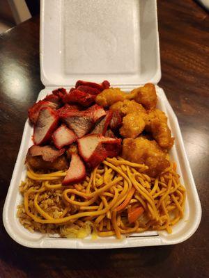 2-item combo with BBQ Pork and Orange Chicken, Fried Rice, and Lo Mein