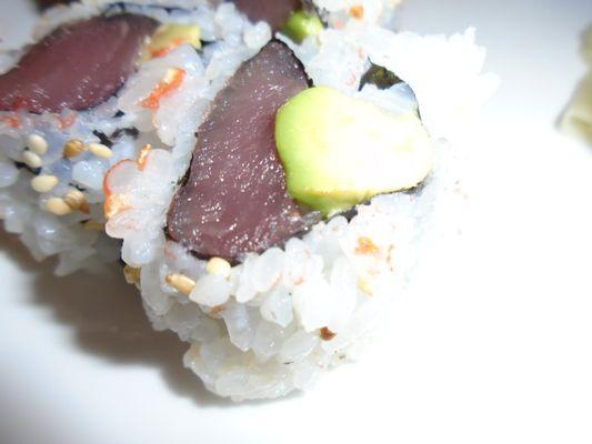 Tuna avocado roll, close-up.
