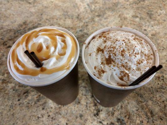 Hot cocoa... one with caramel and one with cinnamon dusted on it
