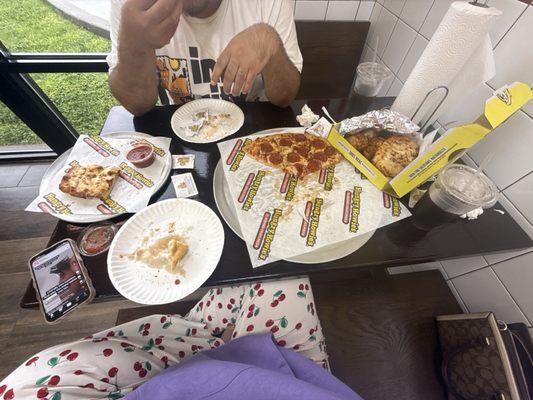 Pepperoni pizza, cheese bread, and wings!