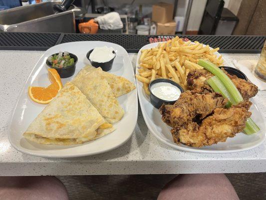 Chicken quesadilla and chicken tenders