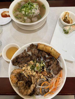 Vermicelli combination that contains shrimp, beef, and egg roll. Eye round steak with meatball pho and shrimp and pork spring rolls.