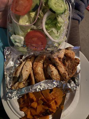 Grilled chicken tenders, sweet potato with cinnamon, sugar and butter, salad with ranch dressing no croutons