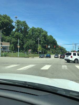 On Connor Road at intersection. Washington Road heads left to right.