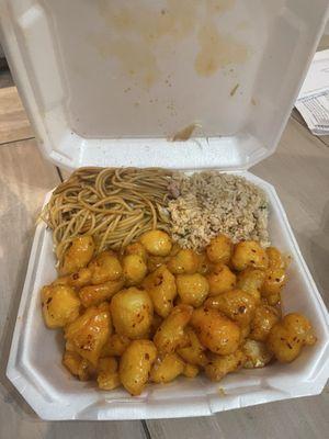 Orange chicken + lo mein + fried rice