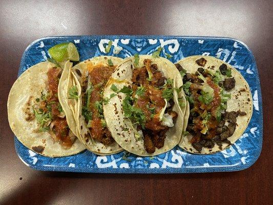 Birria, Carnitas, Pastor, Asada tacos. All delicious!