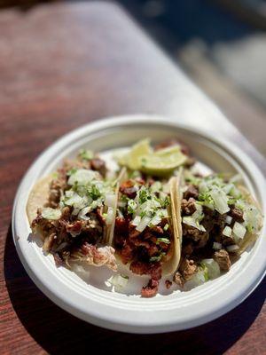 Street tacos! Al pastor, Carne Asada, carnitas. All amazing. Fav was the pastor. Great salsa too!