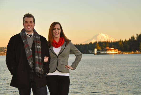 Burnett Hutchins Holiday Card 2013 with Mt. Rainier and Tanglewood Island in the background.