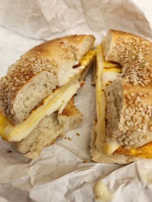 Egg & cheese sandwich on a sesame bagel