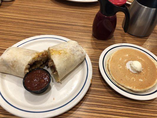 Southwest Chicken Burrito and side of pancakes