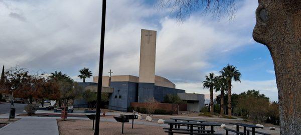 A view of the church from a sidewalk