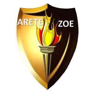 Crest of consultancy Arete-Zoe stands for life's valor and virtues. Golden shield represents excellence, torch means education and training.
