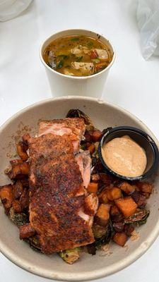 Salmon Bowl and Chicken Noodle Soup