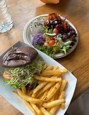 Veggie burger & shoyu chicken
