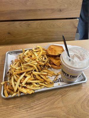 Large fry, shake, and buffalo chicken sandwich