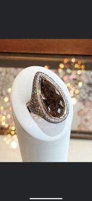 Unique, gradient diamond sided Smokey quartz pear shaped ring