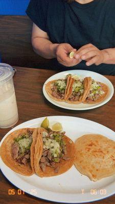 Steak tacos , chicken pupusa ,horchata