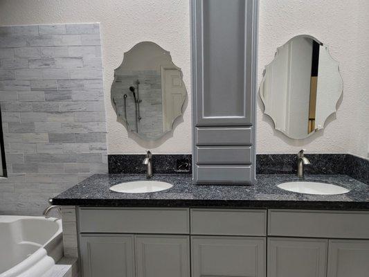 Bathroom vanity with hutch.